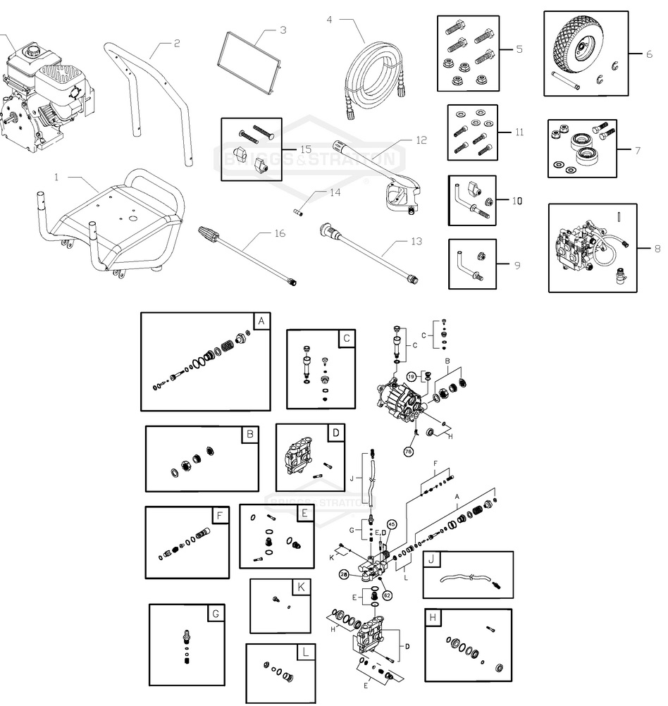 Briggs & Stratton pressure washer model 020216 replacement parts, pump breakdown, repair kits, owners manual and upgrade pump.